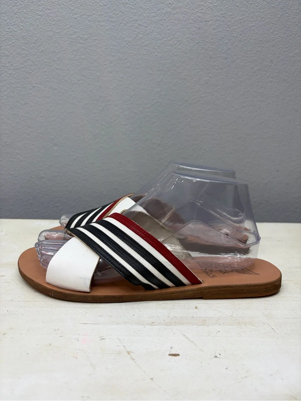 Ancient Greek Thais Red, White, And Blue Cross Cross Slide Sandals Size 39
